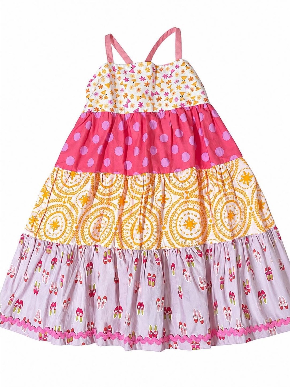 Matilda Jane Pink, Yellow, White Tiered Sundress with Polka Dot and Print Panels
